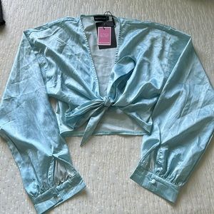 Prettylittlething Printed Satin Tie Front Blouse